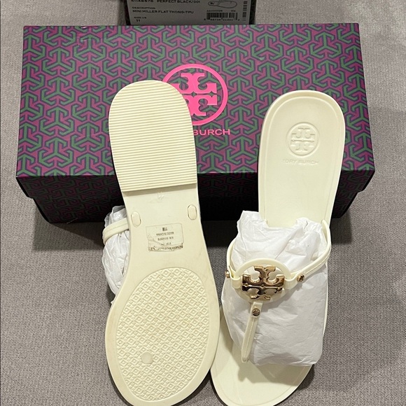 Tory Burch Mini Miller flat thong Ivory Slide Sandals with Gold Accents - Picture 3 of 4